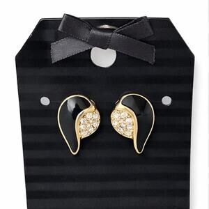 Monet Black Enamel Gold Tone Rhinestone Clip On Earrings Vintage Stamped